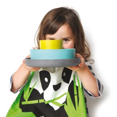 Set de table enfant BIOBU Panda gris, bleu lagon et vert acide - Ekobo