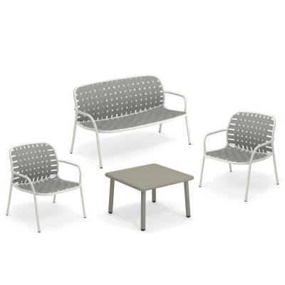 Salon de jardin YARD / 2 Chauffeuses, banc et table basse / Blanc et Gris-Vert