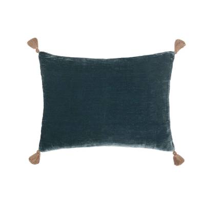 Coussin Rectangulaire GOA POMPONS LONDRES / 30 x 40 cm / Soie / Bleu - Beige / Le Monde Sauvage