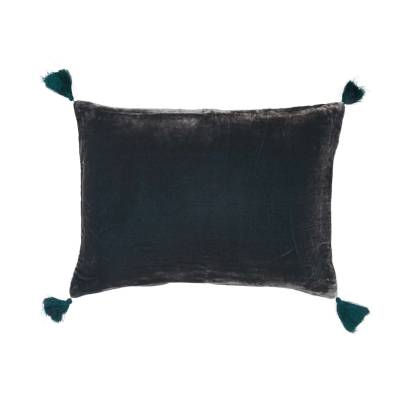 Coussin Rectangulaire GOA POMPONS DARK SLATE / 30 x 40 cm / Soie / Bleu / Le Monde Sauvage