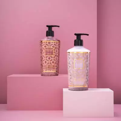 Coffret gel lavant mains et lait corps WOMEN / Magnolia-Rose-Musc / Verre or et rose / 350 ml / Baobab