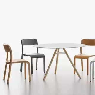 Table ronde MART / Ø 110 ou 120 cm / Piétement frêne naturel / Plateau Blanc / Plank