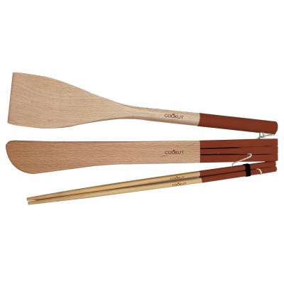 Set de 3 ustensiles spatule, pince et baguette INCROYABLE COCOTTE / Bois / Rouge Passion / Cookut