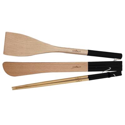 Set de 3 ustensiles spatule, pince et baguette INCROYABLE COCOTTE / Bois / Noir Graphite / Cookut