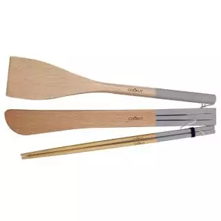 Set de 3 ustensiles spatule, pince et baguette INCROYABLE COCOTTE / Bois / Gris Perle / Cookut