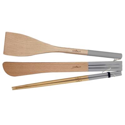 Set de 3 ustensiles spatule, pince et baguette INCROYABLE COCOTTE / Bois / Gris Perle / Cookut