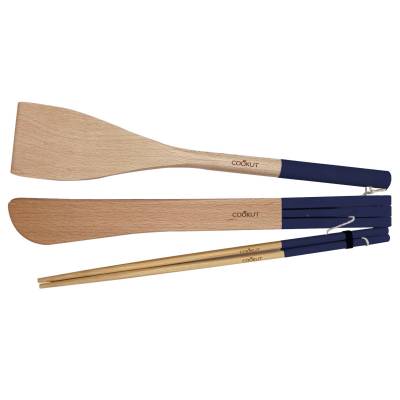 Set de 3 ustensiles spatule, pince et baguette INCROYABLE COCOTTE / Bois / Bleu Myrtille / Cookut