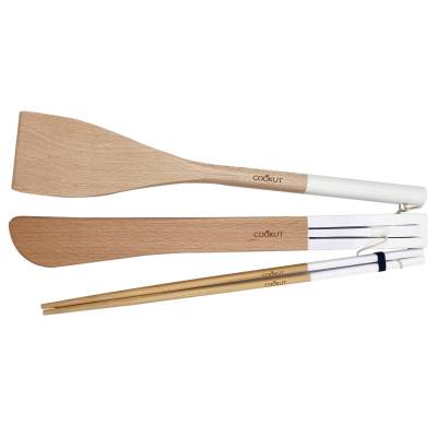 Set de 3 ustensiles spatule, pince et baguette INCROYABLE COCOTTE / Bois / Blanc Polaire / Cookut