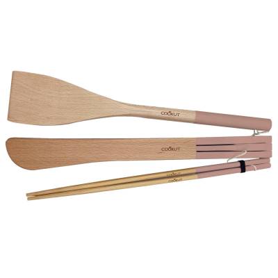 Set de 3 ustensiles spatule, pince et baguette INCROYABLE COCOTTE / Bois / Rose Guimauve / Cookut