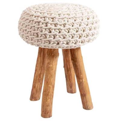 Tabouret de chambre YOGJA / Bois Recyclé / Coton Blanc