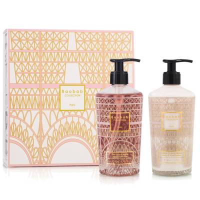 Coffret gel lavant mains et lait corps PARIS / Tilleul-Tulipe-Feuilles de Châtaignier / Verre rose / 350 ml / Baobab