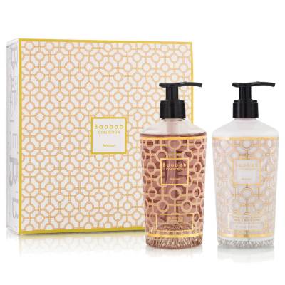 Coffret gel douche et lait corps WOMEN / Magnolia-Rose-Musc / Verre or et rose / 350 ml / Baobab