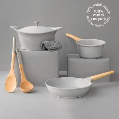 Ensemble collection L'INCROYABLE Cocotte + Poele + Casserole + Manique + Cuillere + Poignee / 2 dimensions / Gris perle