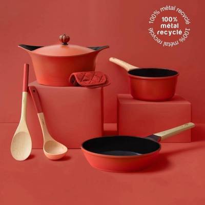 Ensemble collection L'INCROYABLE Cocotte + Poele + Casserole + Manique + Cuillere + Poignee / 2 dimensions / Rouge passion