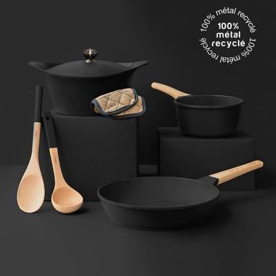 Ensemble collection L'INCROYABLE Cocotte + Poele + Casserole + Manique + Cuillere + Poignee / 2 dimensions / Noir graphite