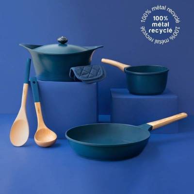 Ensemble collection L'INCROYABLE Cocotte + Poele + Casserole + Manique + Cuillere + Poignee / 2 dimensions / Bleu / Cookut