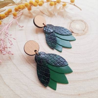 Boucles d'oreilles MANDALA / Cuir Vert et Bois / Reine mère